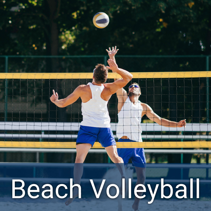 two men jumping to hit a volleyball on a volleyball court, volleyball in the air, text below reads "Beach Volleyball"